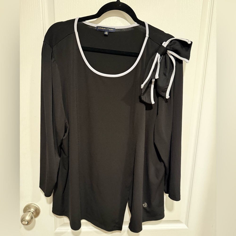 Adrienne Vittadini Black Blouse with black bow accent 95%polyester 5% spandex